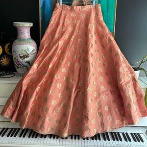 Boho Hippie Peach & Gold Metallic Indian Inspired A-Line Skirt Fairy Grunge